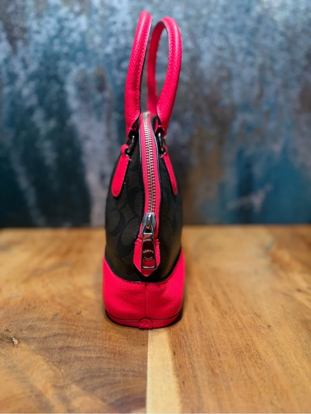Coach Barbiecore 2014 Mini Cora Domed Satchel Brown Canvas Neon Pink